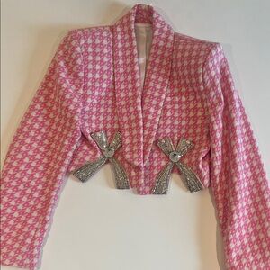 AREA Pink Houndstooth Blazer with Silver Embellishments